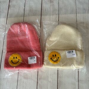 Lot Of 2 knitted ribbed Smiley Face Beanie Hat Women’s One Size Pink cream NEW